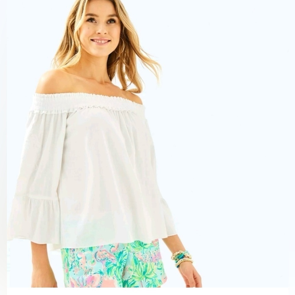 Lilly Pulitzer MoiraOff The Shoulder White Bell Sleeve
Embroidery Ruffle‎ Top XS